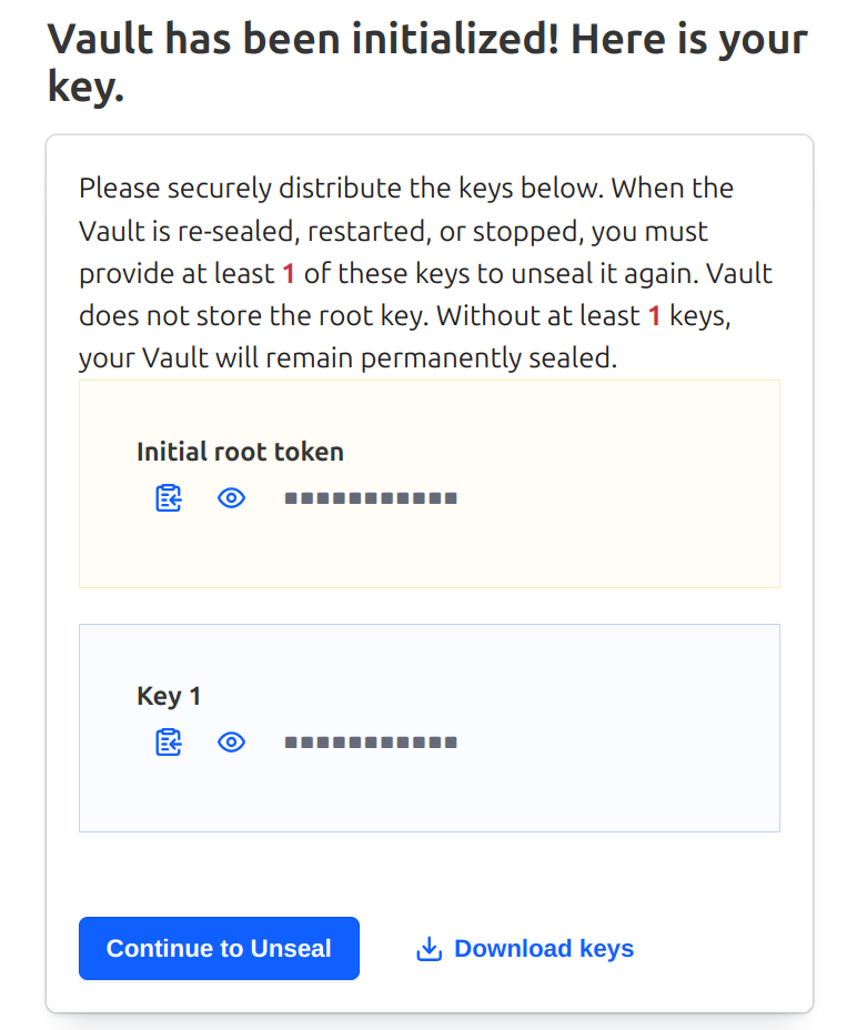 After Vault is initialized, it offers credentials for downloading