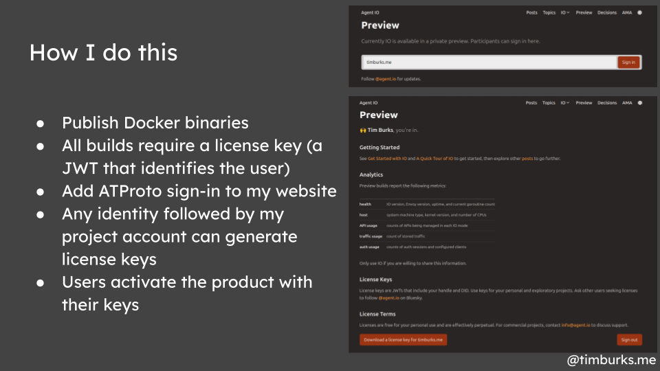 How I do this: Publish Docker binaries. All builds require a license key (a JWT that identifies the user). Add ATProto sign-in to my website. Any identity followed by my project account can generate license keys. Users activate the product with their keys.