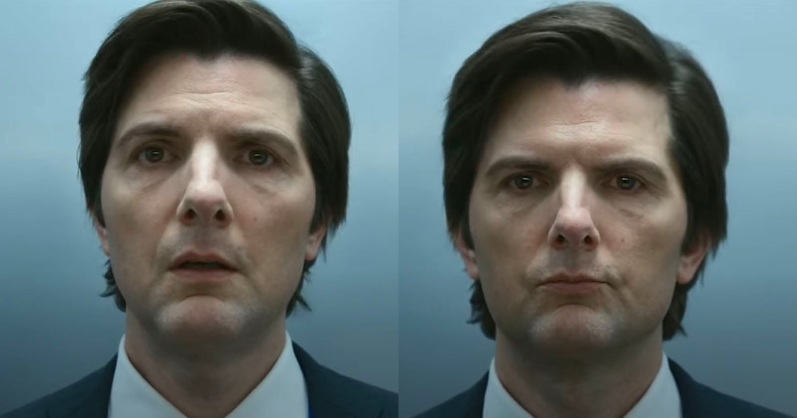 Adam Scott in the elevator on Severance. His character is riding between his work and personal life, each of which has no access to information about the other.