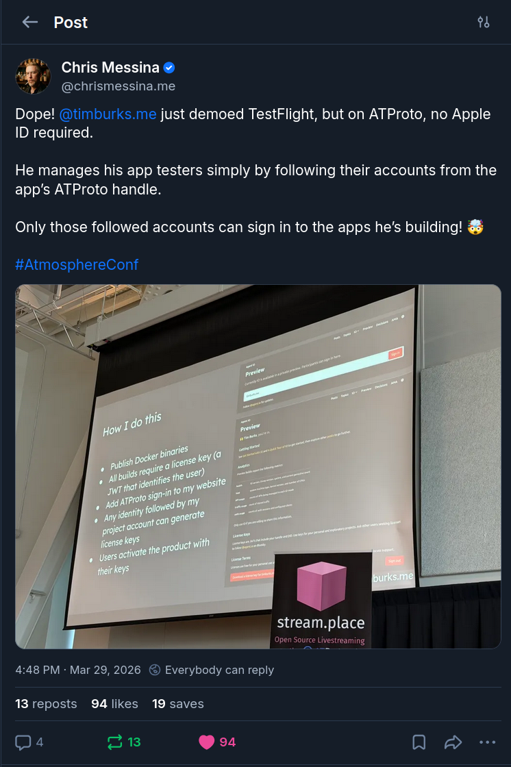 Post by Chris Messina: Dope! @timburks.me just demoed TestFlight, but on ATProto, no Apple ID required. He manages his app testers simply by following their accounts from the app’s ATProto handle. Only those followed accounts can sign in to the apps he’s building! 🤯